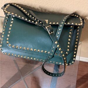 Valentino Green Leather Rockstuf Flap Shoulder Bag